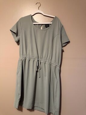Sage Green Short Sleeve Drawstring Waist Dress